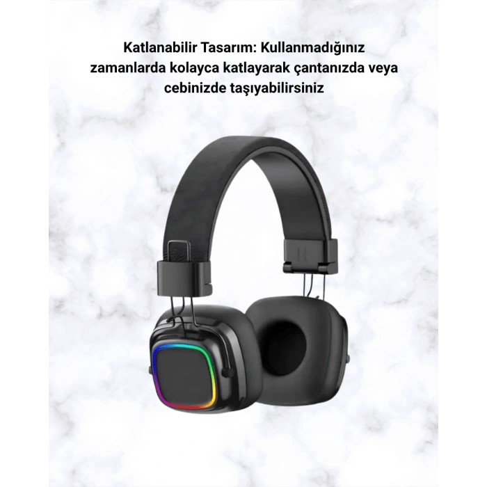 Mey İthalat® Bluetooth 5.3 Rainbow Işıklı Kulak Üstü Kablosuz Kulaklık Yeni Nesil