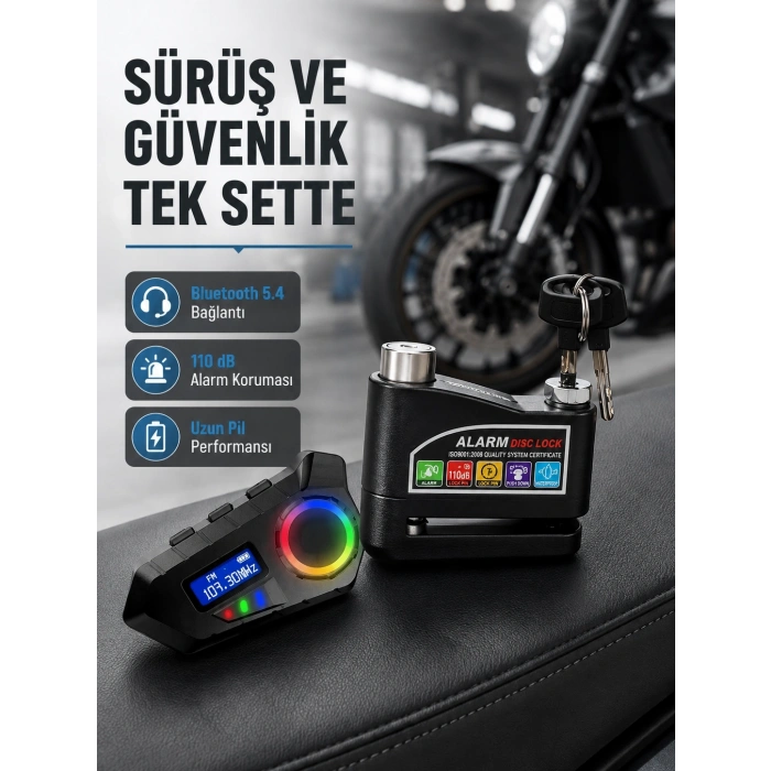 Mey İthalat® Bluetooth 5.4 İntercom ve Alarmlı Disk Kilidi Seti Güçlü Ses ve Güvenlik