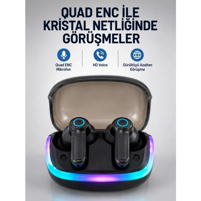Mey İthalat® Bluetooth 5.4 Kablosuz KulaklıkQuad ENC Mikrofonlu TWS Kulaklık