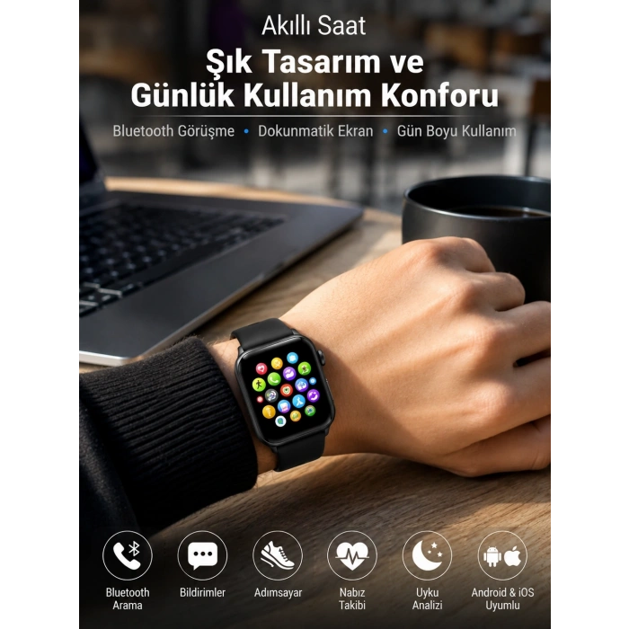 Mey İthalat® Bluetooth Arama, Akıllı Bildirimler ve Günlük Sağlık Takibi Sunan Şık Tasarımlı Akıllı Saat
