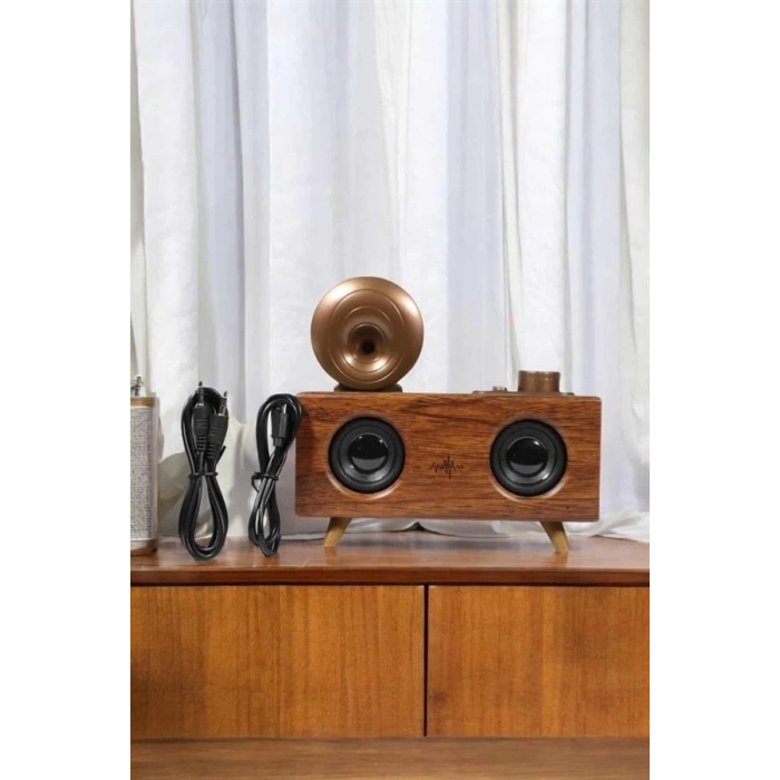 Mey İthalat® Bluetooth Hoparlör Ahşap Klasik Retro Gramofon Bluetooth Müzik Kutusu