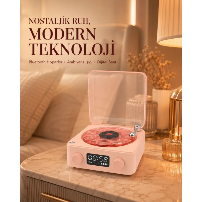 Mey İthalat® Bluetooth Hoparlörlü Gece Lambası Dijital Saatli Şeffaf Su Dalgası Işıklı Dekoratif