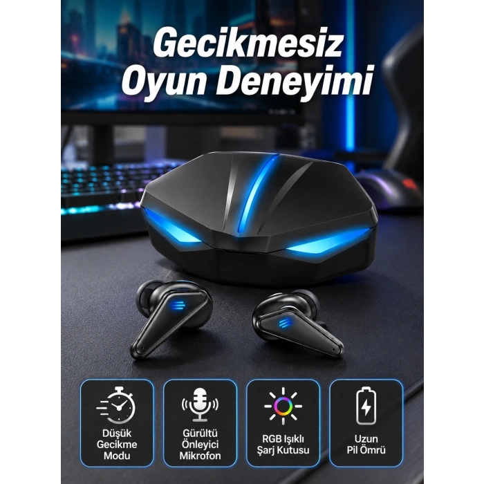 Mey İthalat® Bluetooth Kulaklık  Kulaklığı RGB Işıklı Oyunlarda Düşük Gecikme