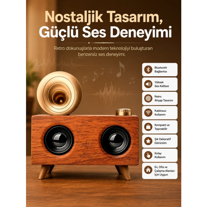 Mey İthalat® Bluetooth Nostalji Speaker Radyo Gramofon Ahşap Renk Vintage