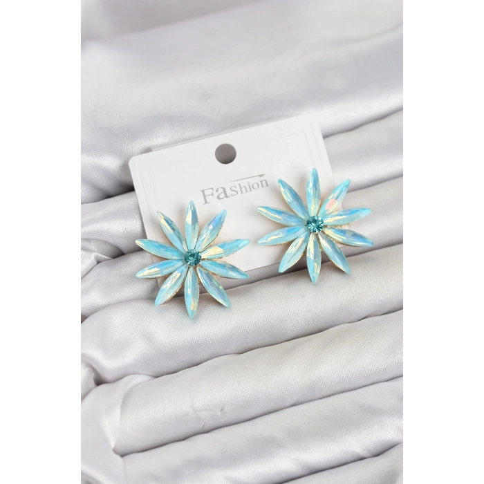 Mey İthalat® Buz Mavisi Kristal Taşlı Lotus Model Kadın Küpe