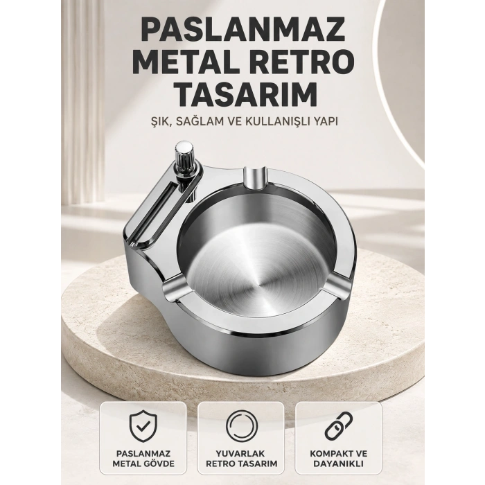Mey İthalat® Çakmaklı Küllük Paslanmaz Metal Yuvarlak Tasarım