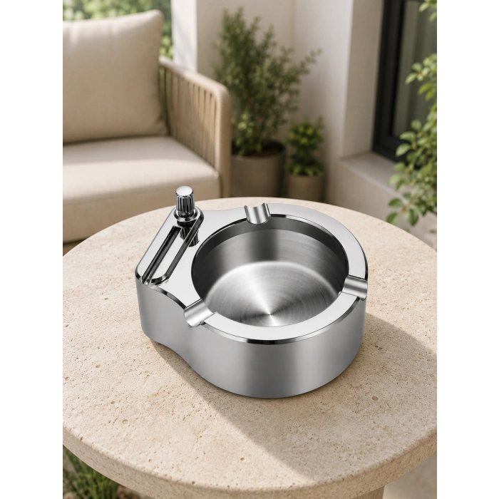 Mey İthalat® Çakmaklı Küllük Paslanmaz Metal Yuvarlak Tasarım