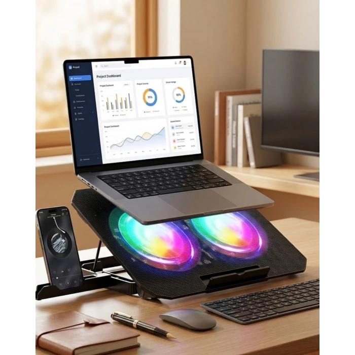 Mey İthalat® Çift Fanlı Laptop Soğutucu RGB Işıklı Sessiz Notebook Standı