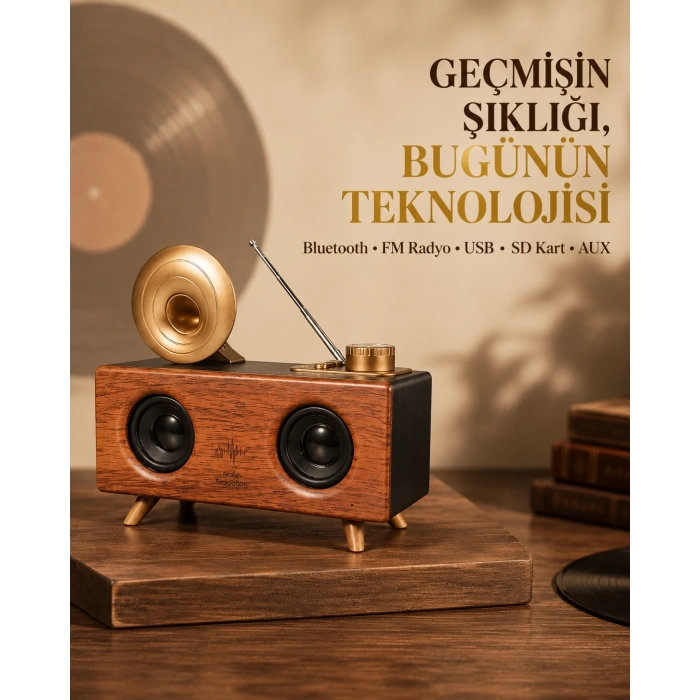 Mey İthalat® Çift Hoparlörlü Retro Bluetooth Speaker 1800mAh Bataryalı AUX USB SD Kartlı