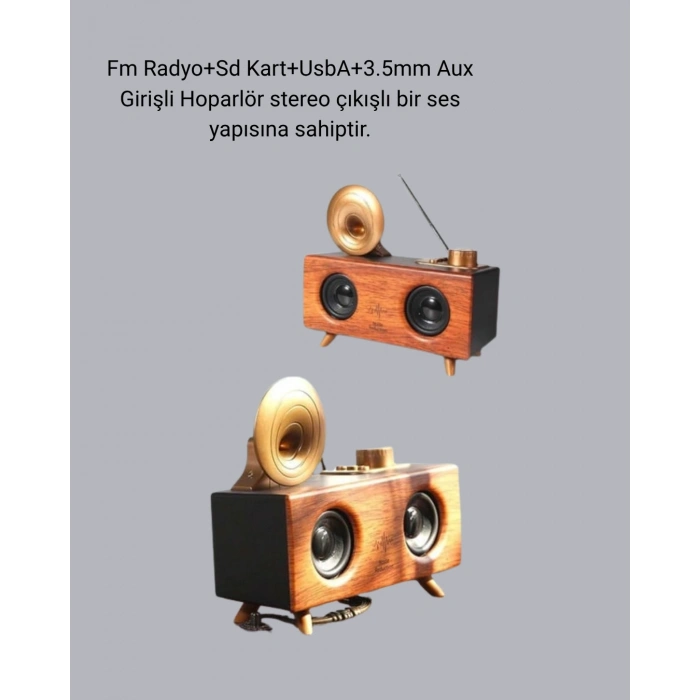 Mey İthalat® Çift Hoparlörlü Retro Bluetooth Speaker 1800mAh Bataryalı AUX USB SD Kartlı