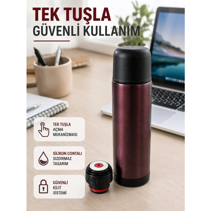 Mey İthalat® Çift Katmanlı Vakumlu Termos Ofis Araç Kamp İçin Paslanmaz Çelik Termos