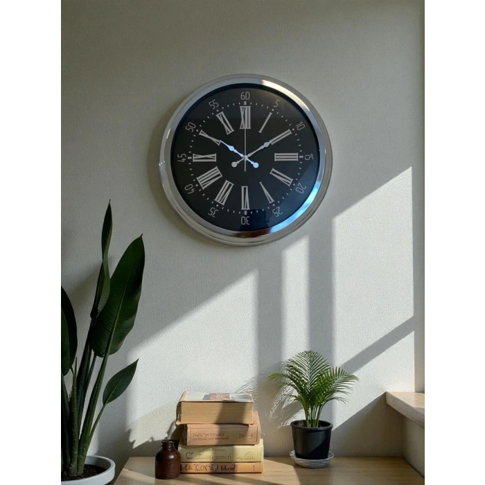 Mey İthalat® Dark Elegance 40 Cm Metal Krom Duvar Saati