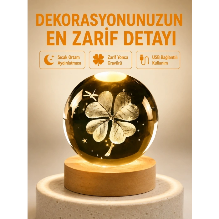 Mey İthalat® Dekoratif Yonca Görünümlü Işıklı Kristal Cam Küre USB Masa Gece Lambası