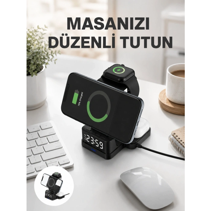 Mey İthalat® Dijital Saatli Kablosuz Şarj İstasyonu – 3’ü 1 Arada Apple Uyumlu Hızlı Şarj ve LED Ekran Yeni Nesil