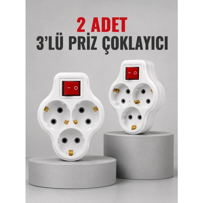 Mey İthalat® Direkt Duvar Prizine Takılan 3’lü Priz Adaptörü Anahtarlı Priz Çoklayıcı 2 Adet