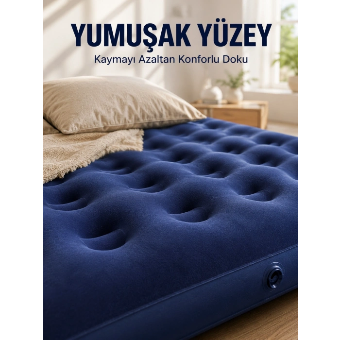 Mey İthalat® Dış Mekan Şişme Yatak Çift Kişilik Flokeli Yüzey Konforlu Kullanım