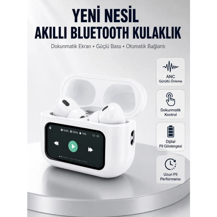 Mey İthalat® Dokunmatik Ekranlı Bluetooth Kulaklık ANC Gürültü Önleme Suya Dayanıklı Yeni Nesil