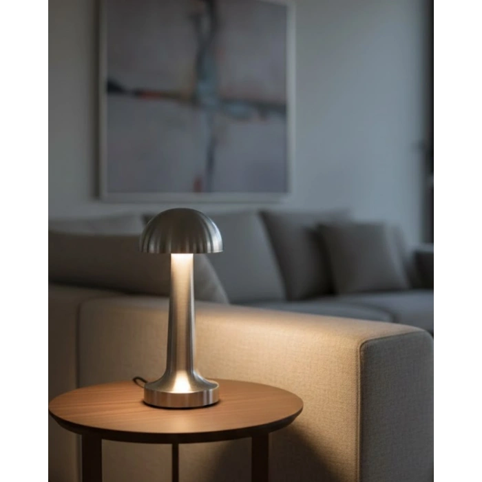 Mey İthalat® Dokunmatik Mantar Masa Lambası 3 Modlu Işık Şarjlı Kablosuz LED Krom Gövde