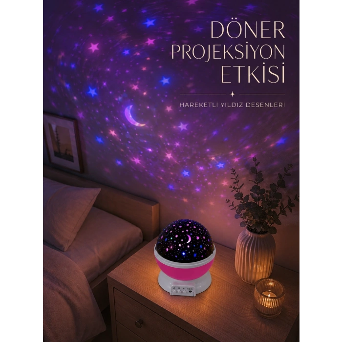 Mey İthalat® Döner Projeksiyon Lambası Renkli Yıldız ve Gökyüzü Efektli