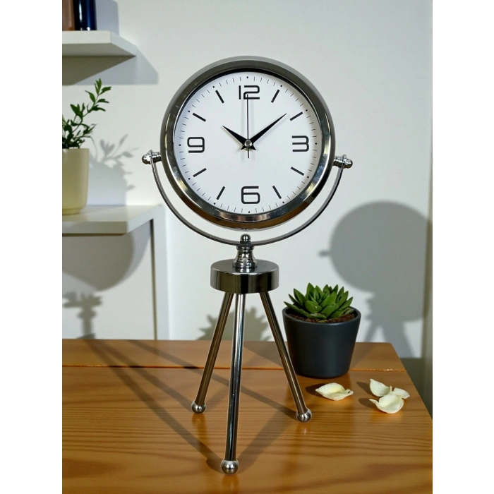 Mey İthalat® Elegance Krom Tripod Üç Ayaklı Metal Masa Saati