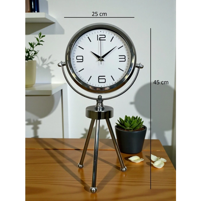 Mey İthalat® Elegance Krom Tripod Üç Ayaklı Metal Masa Saati