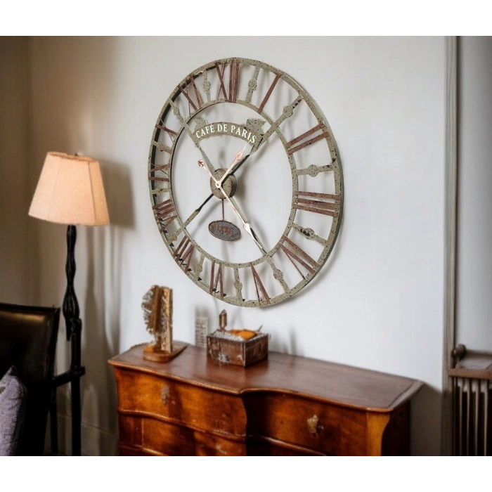 Mey İthalat® Eskitme Cafe de Paris 73 Cm Roma Rakamlı Duvar Saati