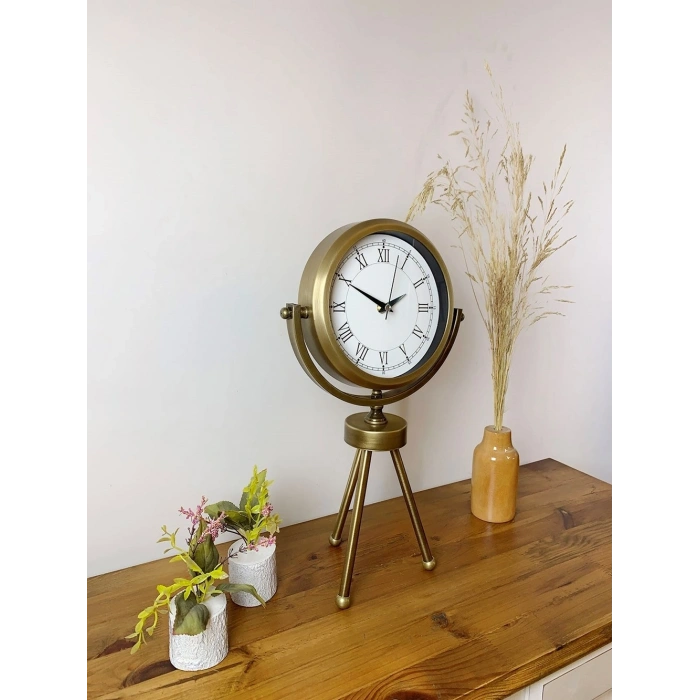 Mey İthalat® Eskitme Metal Mini Tripod Retro Masa Saati 45×26 cm