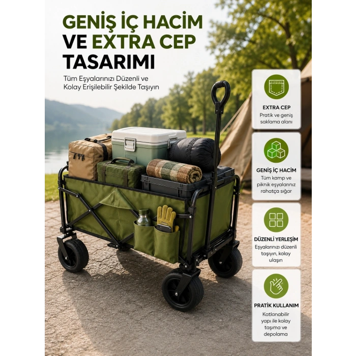 Mey İthalat® Geniş İç Hacimli Fren Sistemli Katlanabilir Kamp ve Piknik Arabası