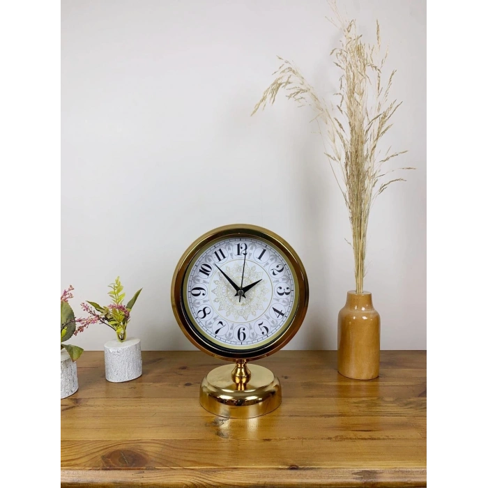 Mey İthalat® Gold Metal Çini Desen Masa Saati 25×20 cm