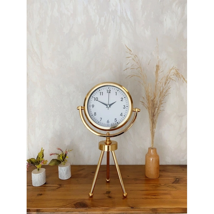 Mey İthalat® Gold Metal Mini Tripod Lüks Masa Saati 45×26 cm