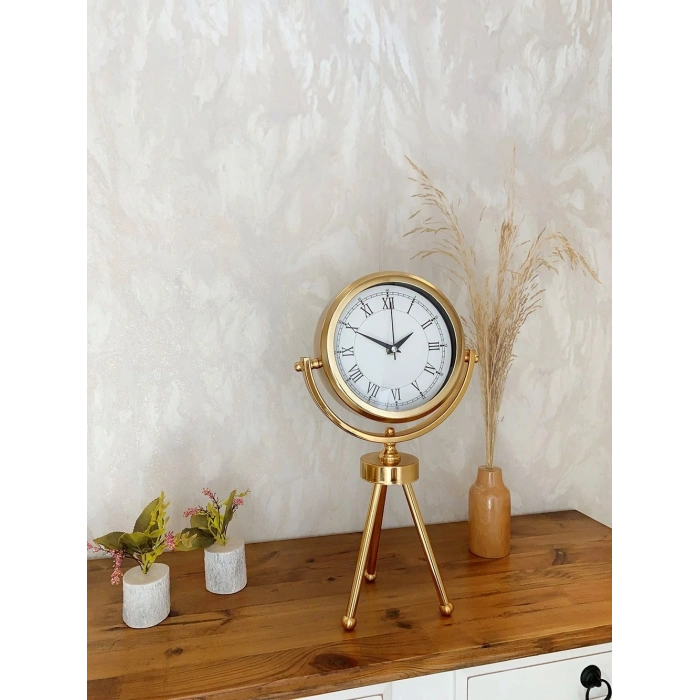Mey İthalat® Gold Metal Mini Tripod Retro Masa Saati 45×26 cm