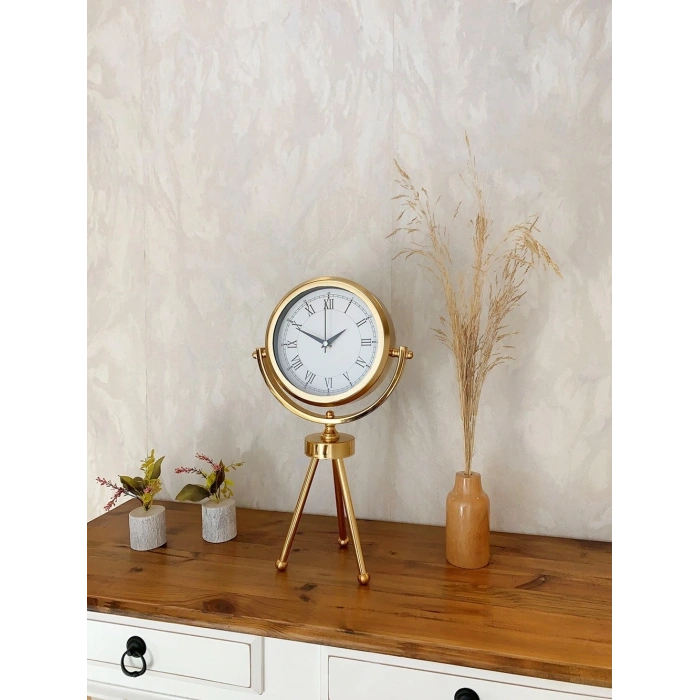 Mey İthalat® Gold Metal Mini Tripod Retro Masa Saati 45×26 cm