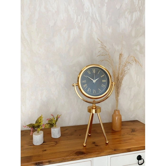Mey İthalat® Gold Metal Mini Tripod Sade Masa Saati 45×26 cm