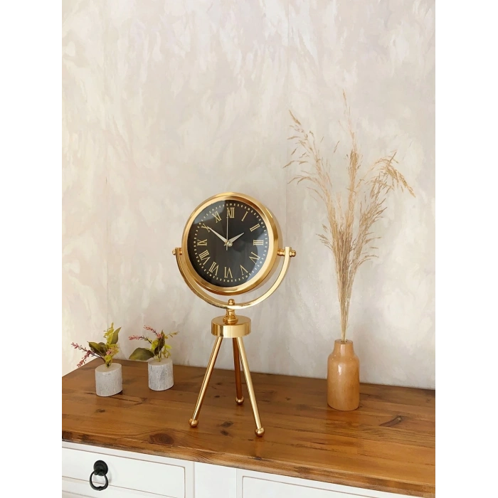 Mey İthalat® Gold Metal Mini Tripod Sade Masa Saati 45×26 cm