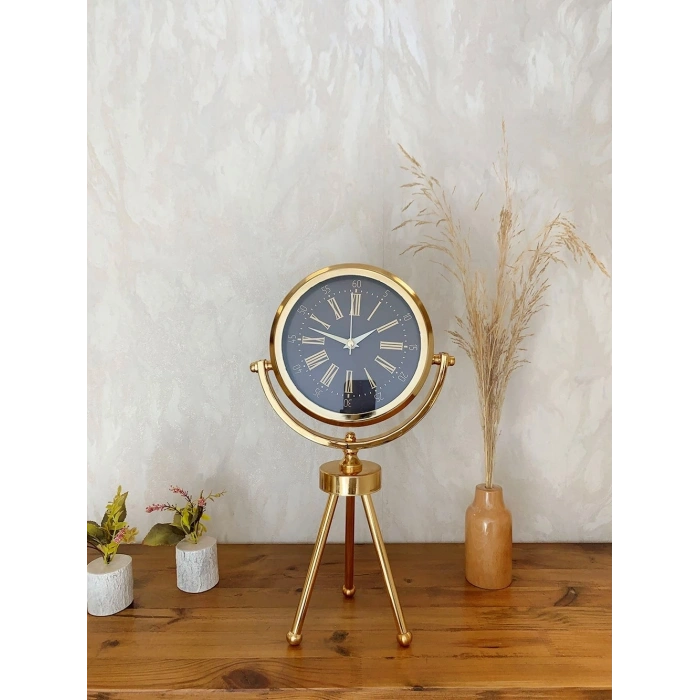Mey İthalat® Gold Metal Mini Tripod Zarif Masa Saati 45×26 cm