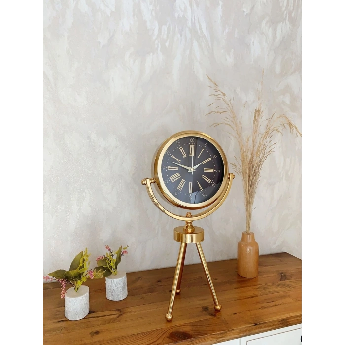 Mey İthalat® Gold Metal Mini Tripod Zarif Masa Saati 45×26 cm
