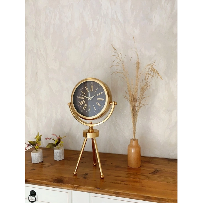 Mey İthalat® Gold Metal Mini Tripod Zarif Masa Saati 45×26 cm