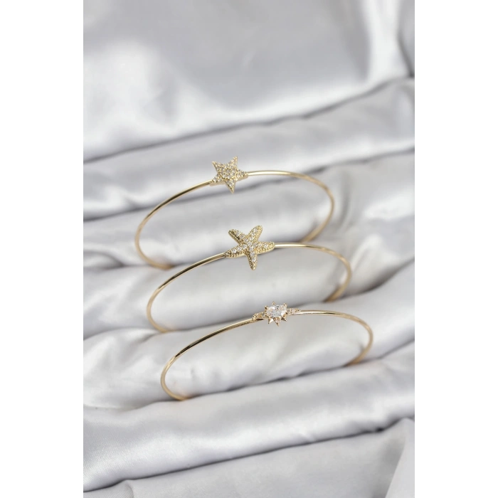 Mey İthalat® Gold Renk Zirkon Taşlı Deniz Yıldızı Model 3lü Kadın Bileklik Kombini