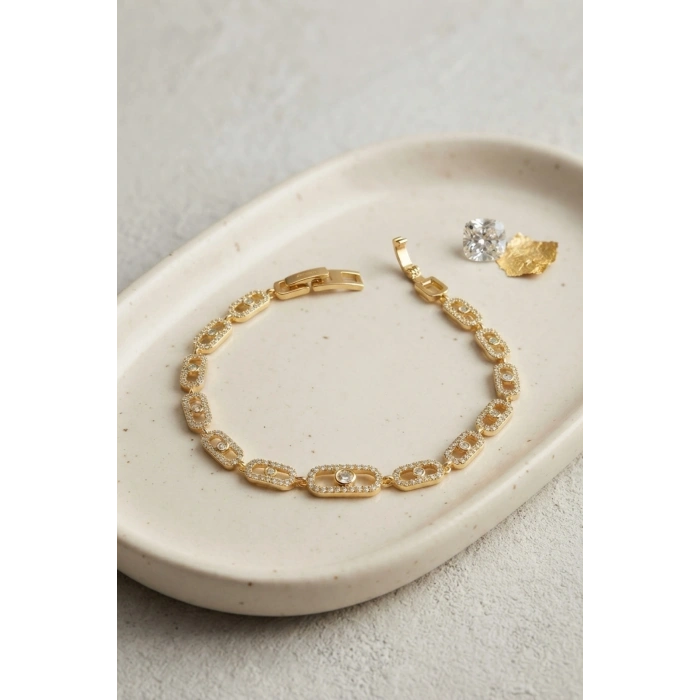 Mey İthalat® Gold Renk Zirkon Taşlı Messika Model Bileklik