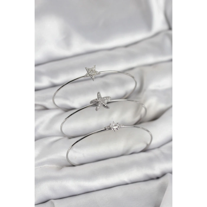 Mey İthalat® Gümüş Renk Zirkon Taşlı Deniz Yıldızı Model 3lü Kadın Bileklik Kombini