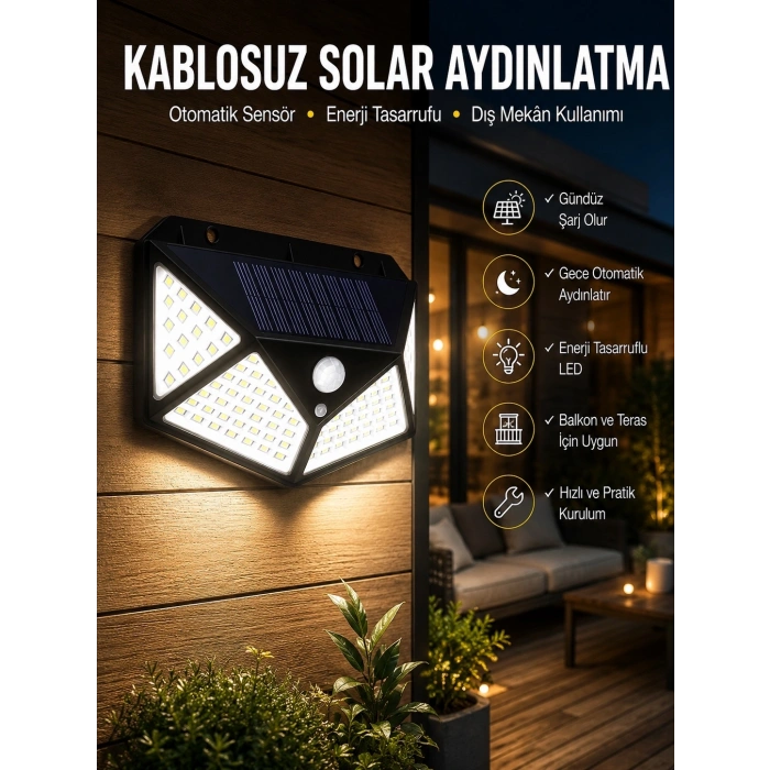Mey İthalat® Güneş Enerjili Bahçe Aydınlatma Lambası Solar 100 Led Lamba