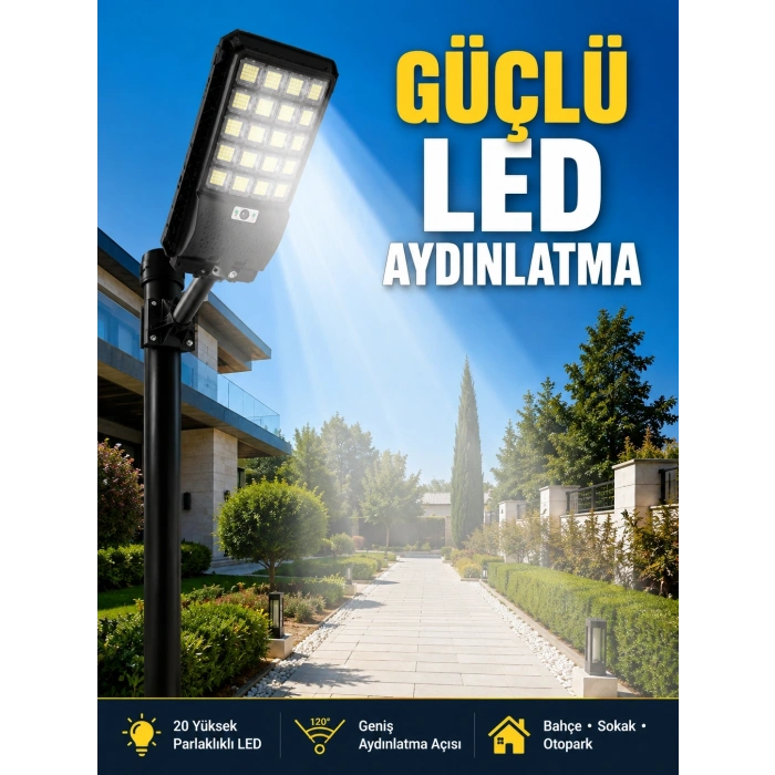 Mey İthalat® Hareket Sensörlü Solar LED Aydınlatma 3 Modlu Uzaktan Kumandalı Bahçe Lambası