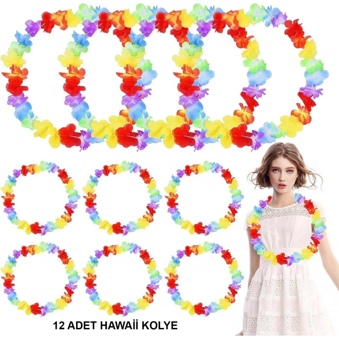 Mey İthalat® Hawaii Çiçekli Boyun Kolyesi - Renkli Tropikal Parti Leisi 12 Adet