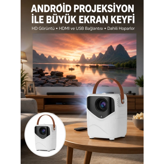 Mey İthalat® HD Ayaklı Portatif Projeksiyon Cihazı Bluetooth Wifi Akıllı Android İşlemcili Yeni Nesil
