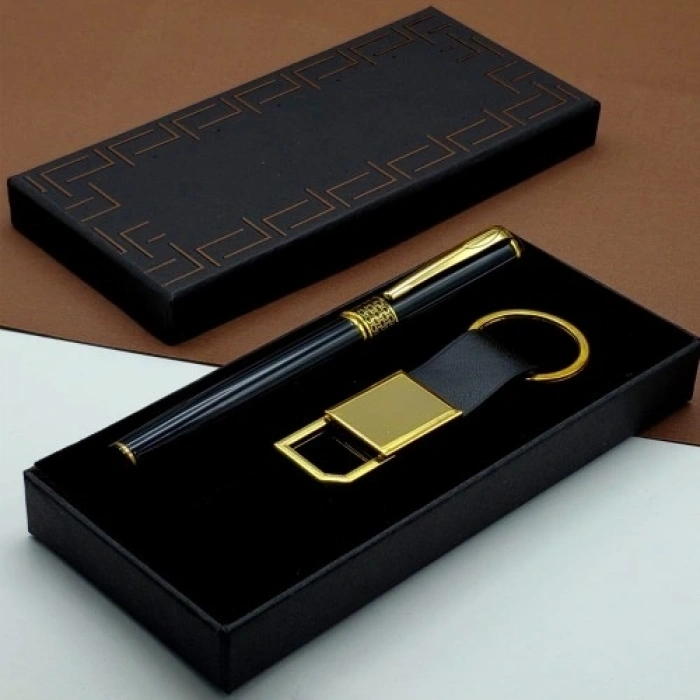 Mey İthalat®  Hediyelik Siyah Kalem Ve Gold Deri Anahtarlık Kutulu Set