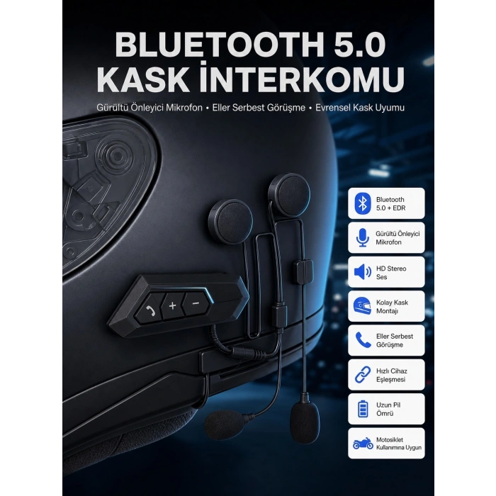Mey İthalat® Intercom Bluetooth Kask Kulaklık Motosiklet Kulaklık 5.0 Bluetooth