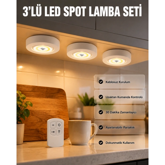 Mey İthalat® Kablosuz 3 Lü Spot Led Lamba Seti Uzaktan Kumandalı Enerji Tasarruflu Aydınlatma
