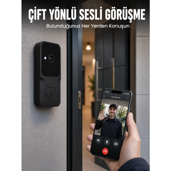 Mey İthalat® Kablosuz Akıllı Kapı Zili Gece Görüşlü Wi-Fi Güvenlik Kameralı Kapı Zili