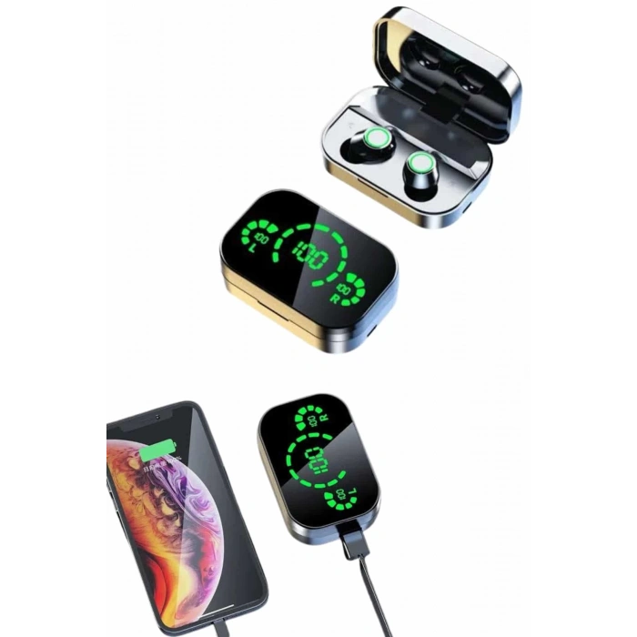 Mey İthalat® Kablosuz Bluetooth Kulaklık Çift Telefon Destekli Powerbankli Dijital Göstergeli