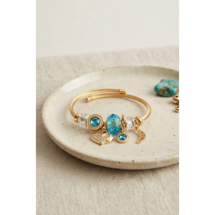 Mey İthalat® Kalp Model Gold Renk Mavi Charmlı Bileklik